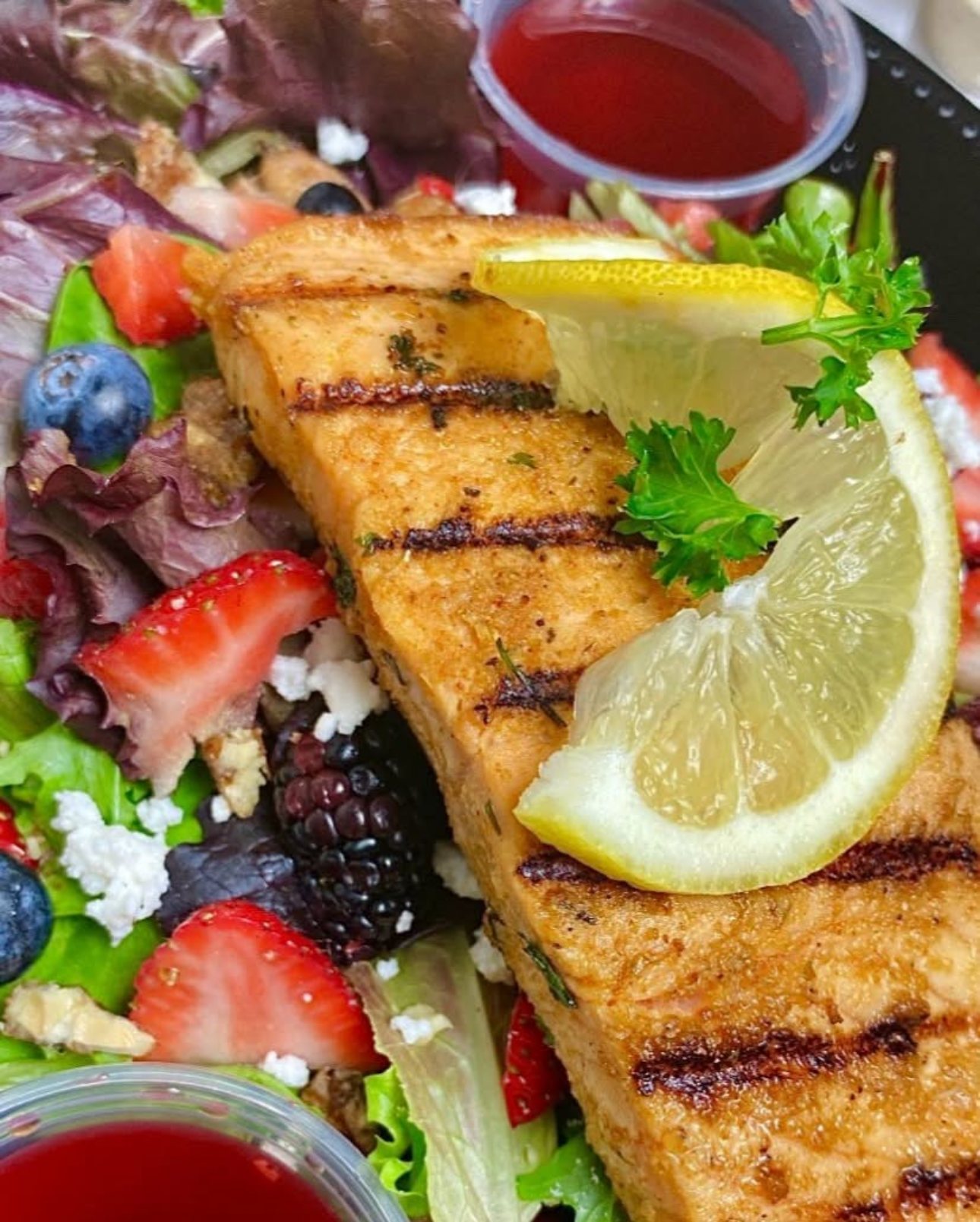 Salmon and berry salad at Harvest Cafe